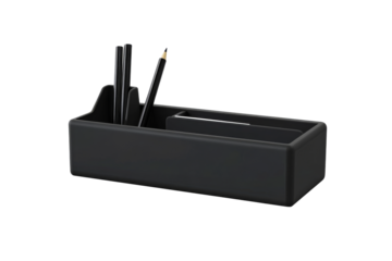 Black desk organizer with pencils and pens, cut out transparent