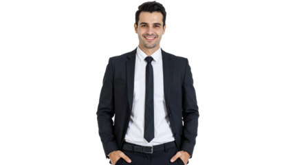 A handsome, smiling, confident and young professional businessman consultant isolated on white background. Suitable for marketing or business purposes. PNG file