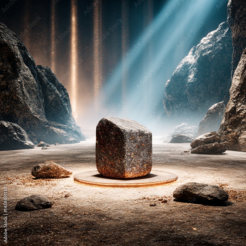 Poster mysterious stone cube on a platform, bathed in light among rocky cliffs: an enigmatic scene unveiled
