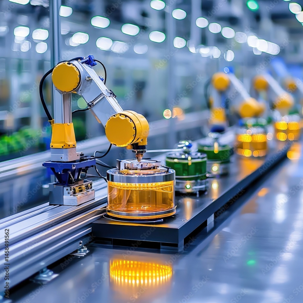 Poster advanced robotic arm efficiently assembling components on a high-speed conveyor belt in factory