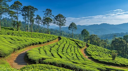 Lush tea plantation landscape.  Rolling hills of vibrant green tea bushes with winding pathways.  Scenic view of mountain range