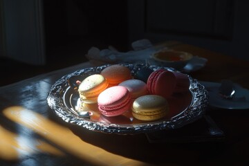 Colorful macarons on a silver tray, illuminated by sunlight