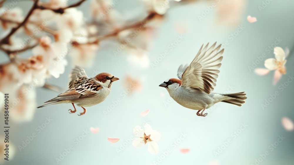 Aufkleber two sparrows are flying near a blooming cherry tree branch with falling petals in a serene natural s
