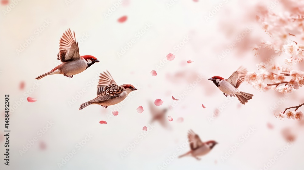 Aufkleber four eurasian tree sparrows are flying near a blooming tree while pink petals are slowly falling, cr