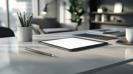 modern workspace featuring tablet, stationery, and plant