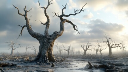 Burnt trees in an ash-coated forest under a cloud-filled sky of nuclear winter, with life extinguished in the destruction's wake. Scene of nuclear ruin.