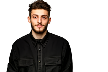 Smiling young bearded man portrait, dark shirt, looking ahead, cut out transparent