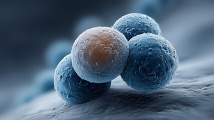 Spherical Streptococcus pneumoniae diplococci with a thick polysaccharide capsule under a microscope
