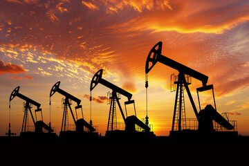 Oil pump jack. Oil industry equipment silhouette against blue sky clouds background