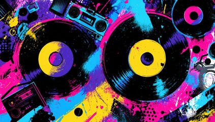 A vibrant, colorful illustration featuring vinyl records, boomboxes, and splashes of paint in a retro music theme.