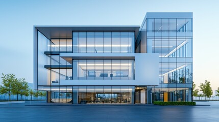 Obraz premium Modern commercial building with sleek design and large glass facades at twilight.