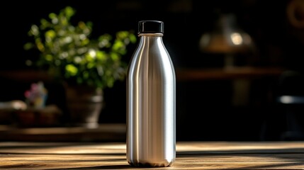 Sleek stainless steel water bottle on wooden table