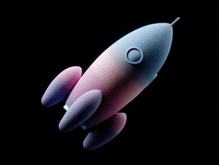 cartoon style rocket in blue and fiolet colors, matte textures and soft rounded edges