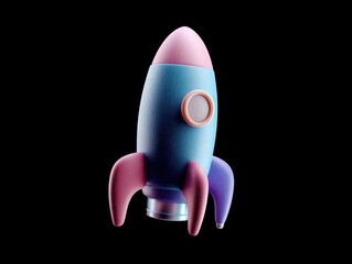 cartoon style rocket in blue and fiolet colors, matte textures and soft rounded edges