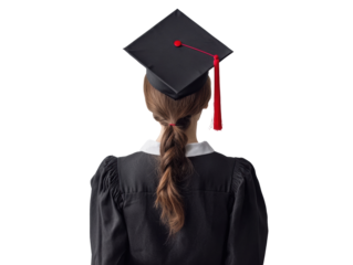 Graduation celebration with student wearing cap and gown on a transparent background, cut out