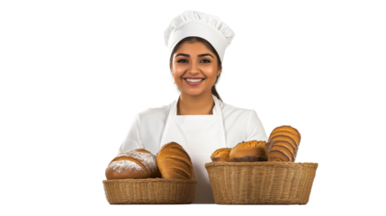 Smiling Hispanic baker holding baskets of loafs, cut out transparent