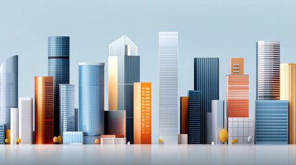 A vibrant city skyline featuring modern skyscrapers in various styles and colors.