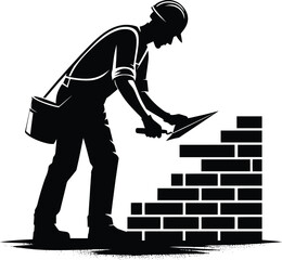 Obraz premium Mason Construction Worker building wall silhouette Vector Illustration isolated on a white background