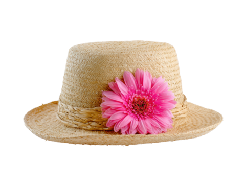 Stylish straw hat with pink flower decoration for summer fashion on a transparent background, cut out