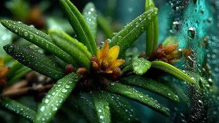Dewy Leaves and Blooming Flower in Humid Air - Powered by Adobe