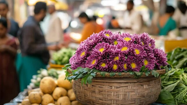 a bunch of pink chrysanthemum flower in woven basket selling at Asian local market, bustling street people come fore shopping