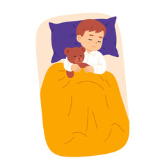 Boy sleeping peacefully in bed while hugging a brown teddy bear under a yellow blanket on white background