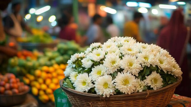 a bunch of white chrysanthemum flower in woven basket selling at Asian local market, bustling street people come fore shopping