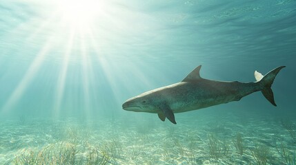 Fototapeta premium Underwater Scene with Shark Swimming Beneath Sunlit Surface