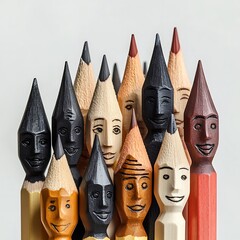 Smiling pencils in vibrant colors representing the connection between creativity, joy, and artistic expression in a colorful design