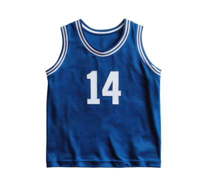 This blue basketball jersey features the number fourteen in bold white on a transparent background, cut out