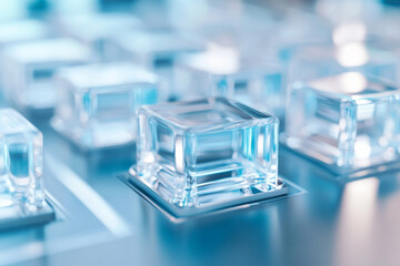 Transparent glass cubes floating against clear blue sky, concept background