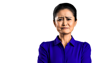 Asian mature woman with frustrated face expression, cut out transparent