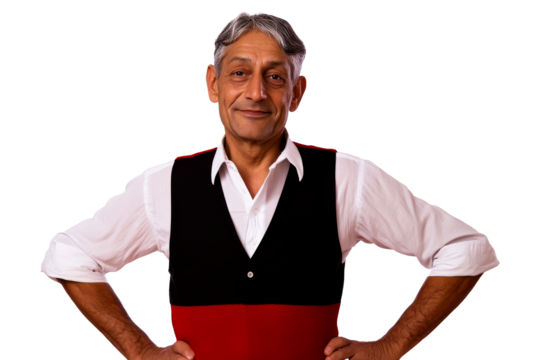 Arab mature man with hands on hips, waist up portrait, cut out transparent