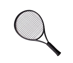 Black tennis racket for sports enthusiasts and fitness lovers on a transparent background, cut out