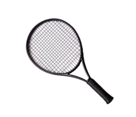 Black tennis racket for sports enthusiasts and fitness lovers on a transparent background, cut out