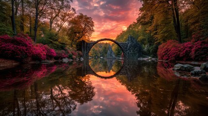Scenic autumn sunset over rakotz bridge in vibrant azalea and rhododendron park, kromlau, saxony, germany