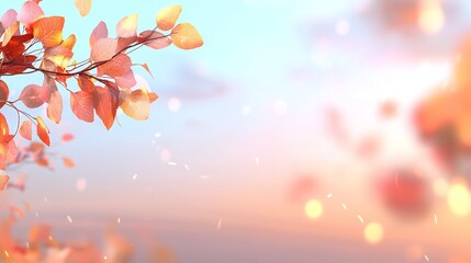 Fototapeta premium Soft Autumn Leaves Against a Dreamy Sunset Sky with Delicate Bokeh