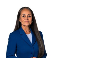 Older Latina businesswoman smiling confidently, cut out transparent