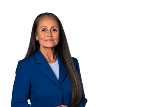 Older Latina businesswoman smiling confidently, cut out transparent