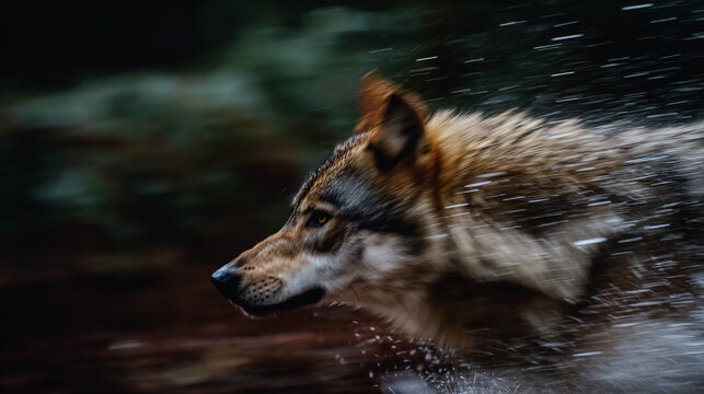 Moral force wildlife photo of a wolf in motion, with droplets flying and blurred motion in the setting