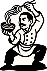 Chef Expertly Presents Noodles His Focus Shows The Care And Skill In Culinary Preparation