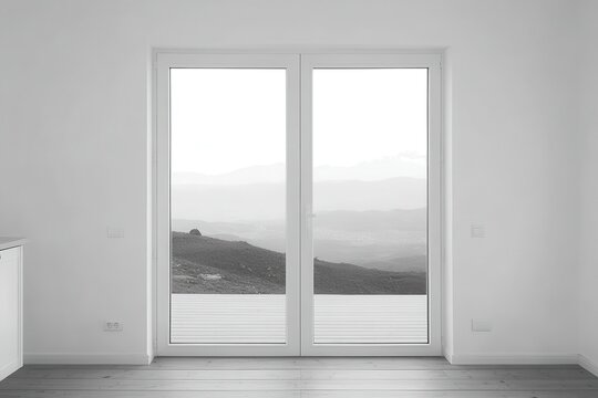A minimalist room with large, double glass doors, offering a view of rolling hills and mountains beyond.  The space is clean, bright, and emphasizes openness