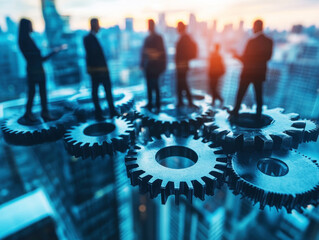 Business team working together on gears at sunset in city