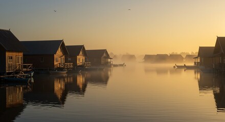 Fototapeta premium Floating Village on Tranquil Water at Sunrise with Golden Light Generative Ai
