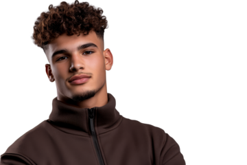 Young Arab male with curly hair in jacket portrait, cut out transparent