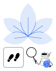 Large leaf symbolizing growth above elements thumbs up footsteps, magnifying glass, and robot holding currency. Ideal for technology, sustainability, finance, automation, analytics, research