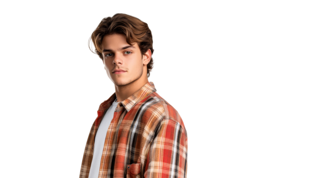 Calm young man in plaid shirt, serious expression, cut out transparent