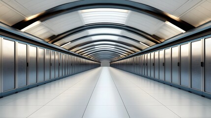Obraz premium Metal Corridor with Reflective Surfaces and Modern Design in Futuristic Setting