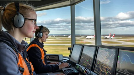 Air Traffic Controllers Supervising Airport Operations from Control Tower Cabin