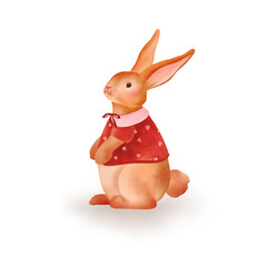 Watercolor bunny in a red sweater sitting calmly, side view, cute and peaceful character. Design for Valentine's Day, greeting card, invitation, children, baby.